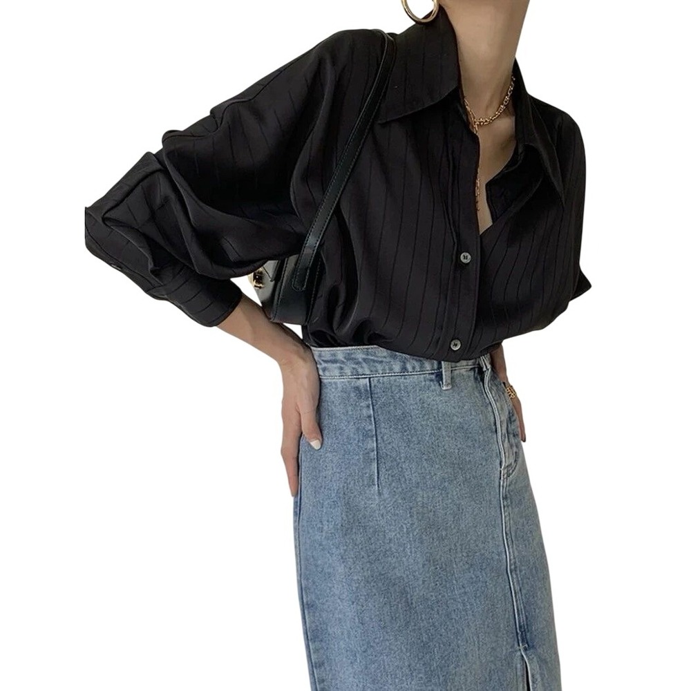 Commense Womens Charlotte Black Oversized Stripe Long Sleeve Button DowM‎ - Picture 2 of 6
